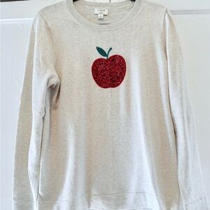 J. Crew Factory Teddy Cotton Crew Neck Sweater with Sequin Apple